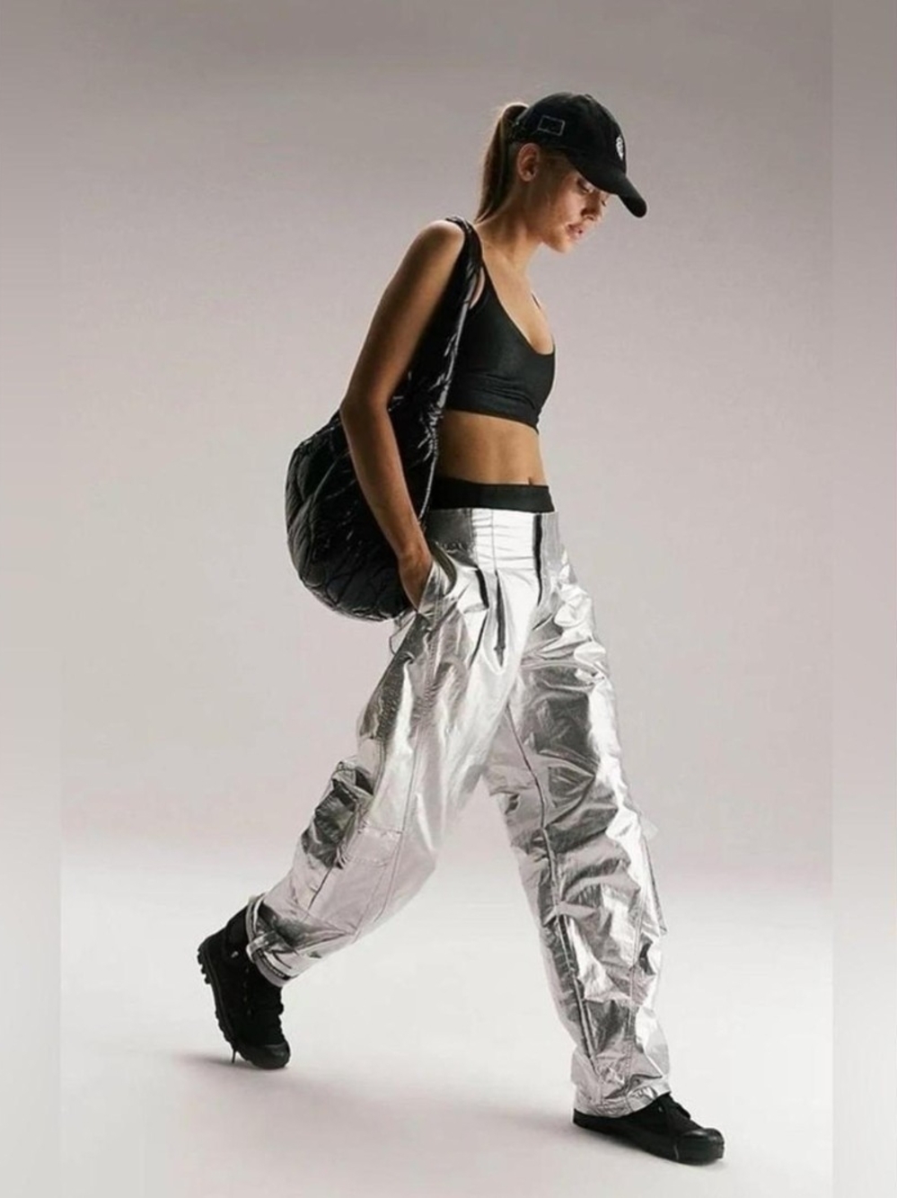 FP Movement Mesmerize Me Shine Pants Metallic Silver Cargo Wide Leg M